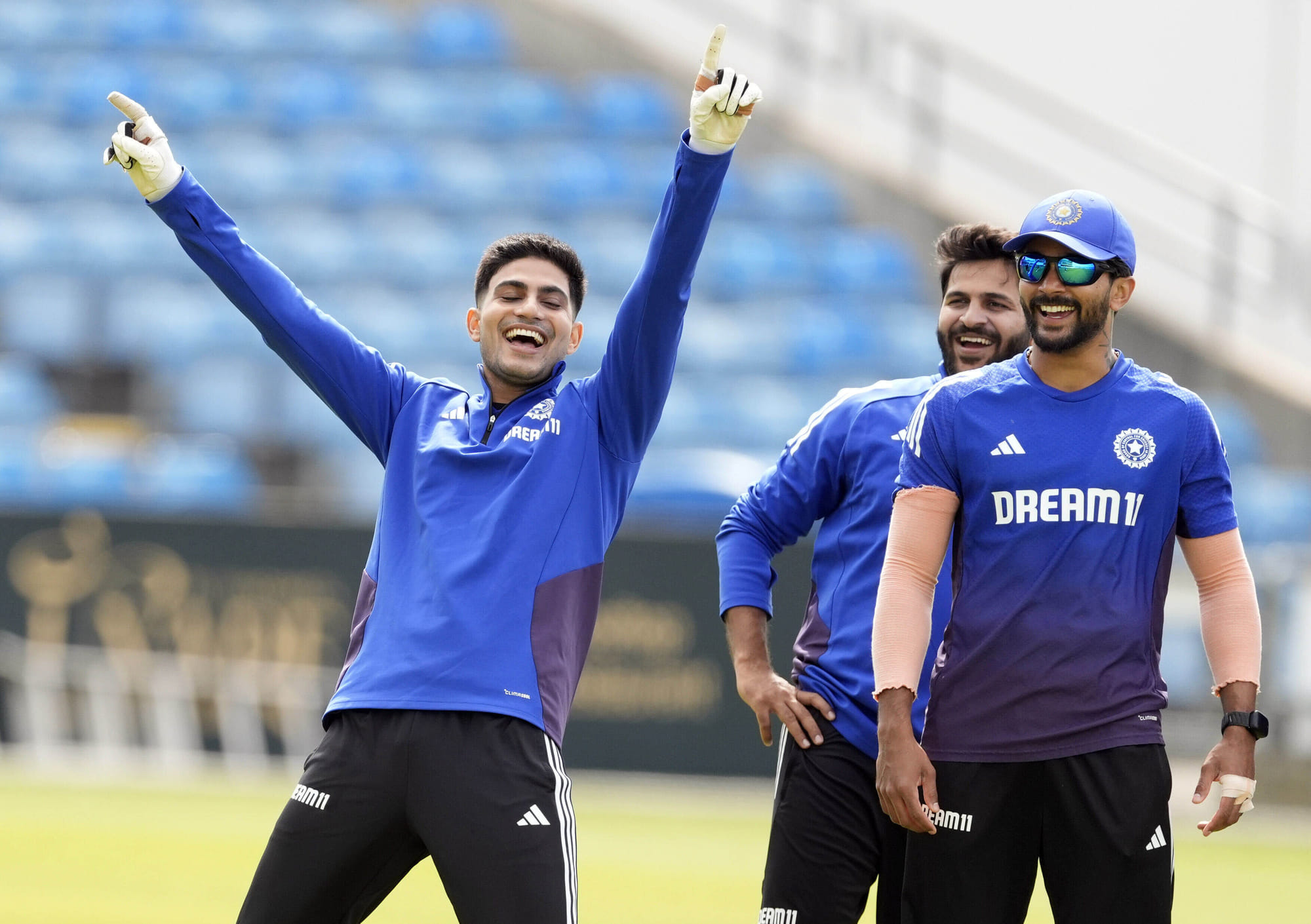 India's Shubman Gill, Shardul Thakur and Nitish Kumar Reddy during a nets session at Headingly, Leeds, England, on June 18.