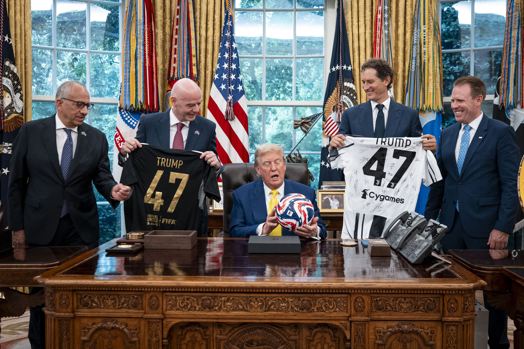 US President Donald Trump makes remarks as he meets with members of the Juventus Football Club team during a press availability in the Oval Office at the White House on June 18, 2025 in Washington, DC. The US is hosting the FIFA Club World Cup, an international soccer tournament organised by FIFA featuring club teams from around the world.