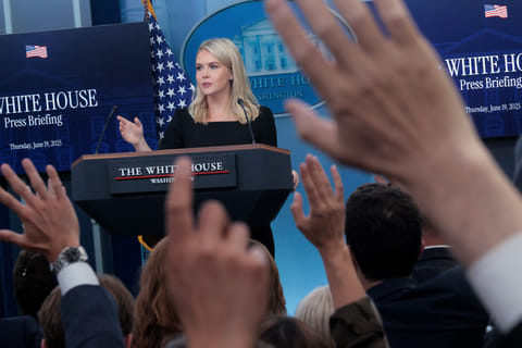 White House Press Secretary Karoline Leavitt calls on reporters during a news conference in the Brady Press Briefing Room at the White House on June 19, 2025 in Washington, DC.