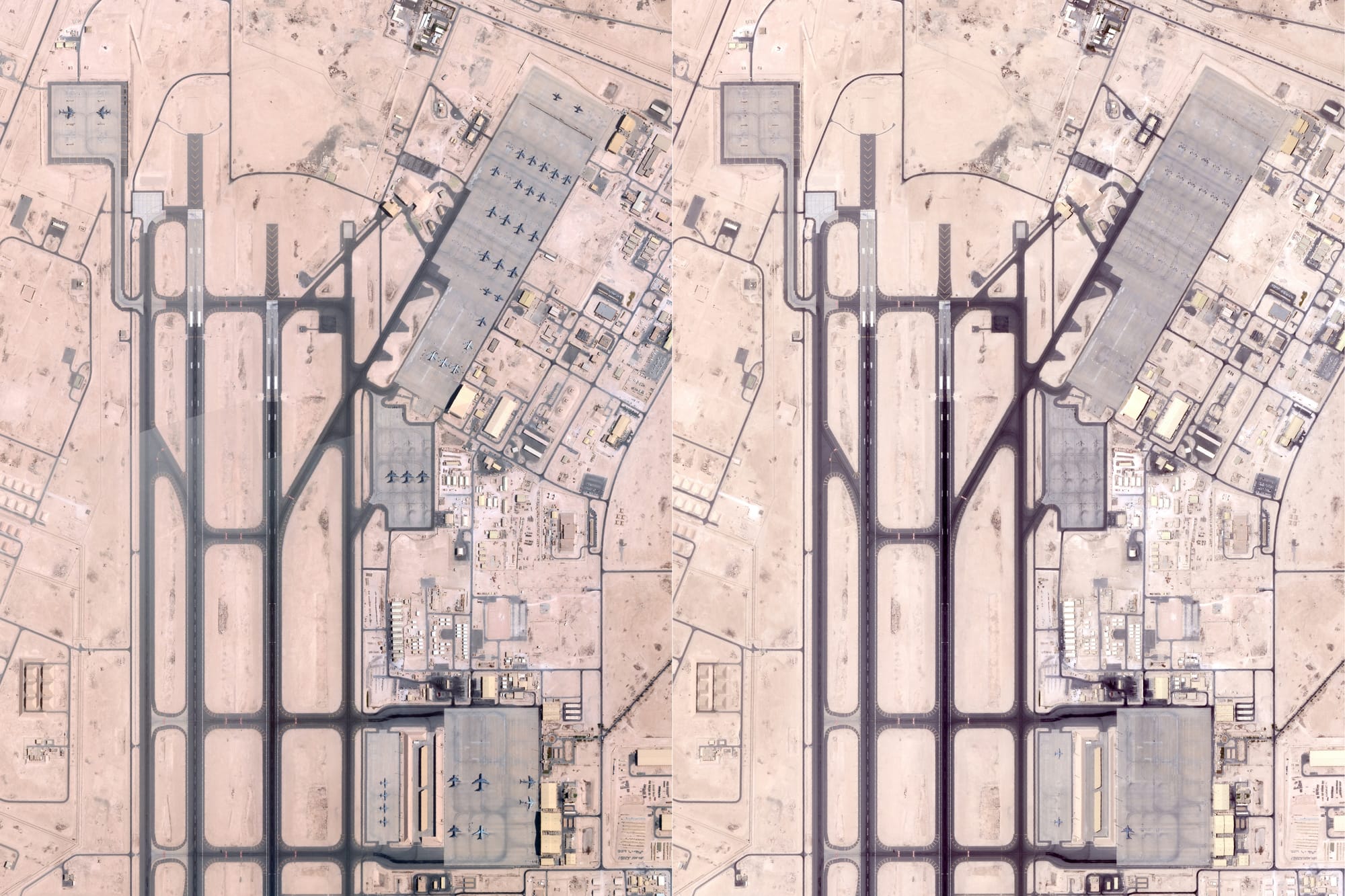 This is a combination of handout satellite photos obtained from Planet Labs PBC on June 19, 2025. The photo taken on June 5, 2025 (left), shows military planes at the US military base of Al Udeid in Qatar. The photo taken on June 19, 2025, shows no more planes at the base.