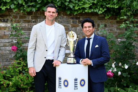 Jimmy Anderson and Sachin Tendulkar unveil the Anderson-Tendulkar Trophy for the five-match cricket Test series between India and England. 