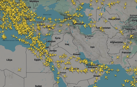 Flight Radar shows the empty airspace over a large part of the Middle East