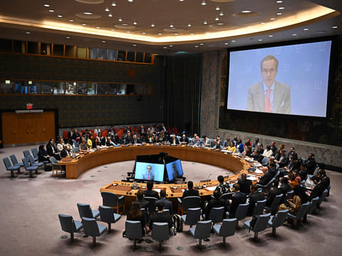 Director General of the International Atomic Energy Agency (IAEA) Rafael Grossi, speaks during a United Nations Security Council meeting on the Israel-Iran conflict at the UN headquarters in New York. 