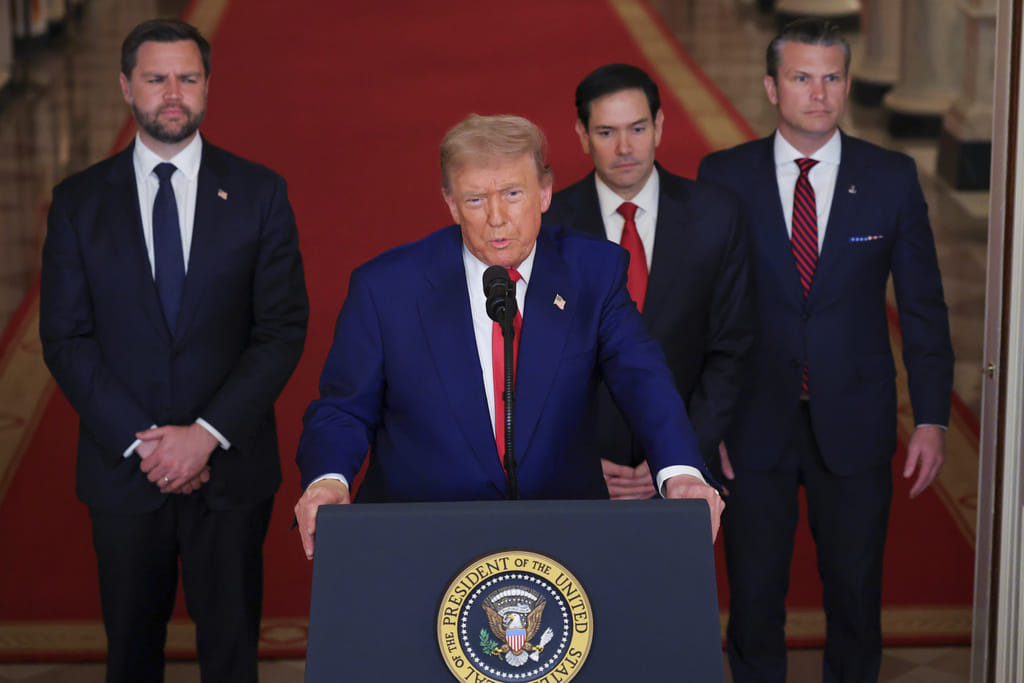 President Donald Trump speaks from the East Room of the White House in Washington.