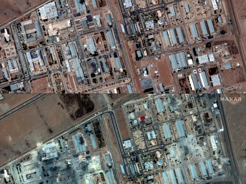 This combination of pictures shows Iran's Isfahan nuclear enrichment facility on June 16, 2025 (top), and Iran's Isfahan nuclear enrichment facility in central Iran after US strikes on June 22, 2025.
