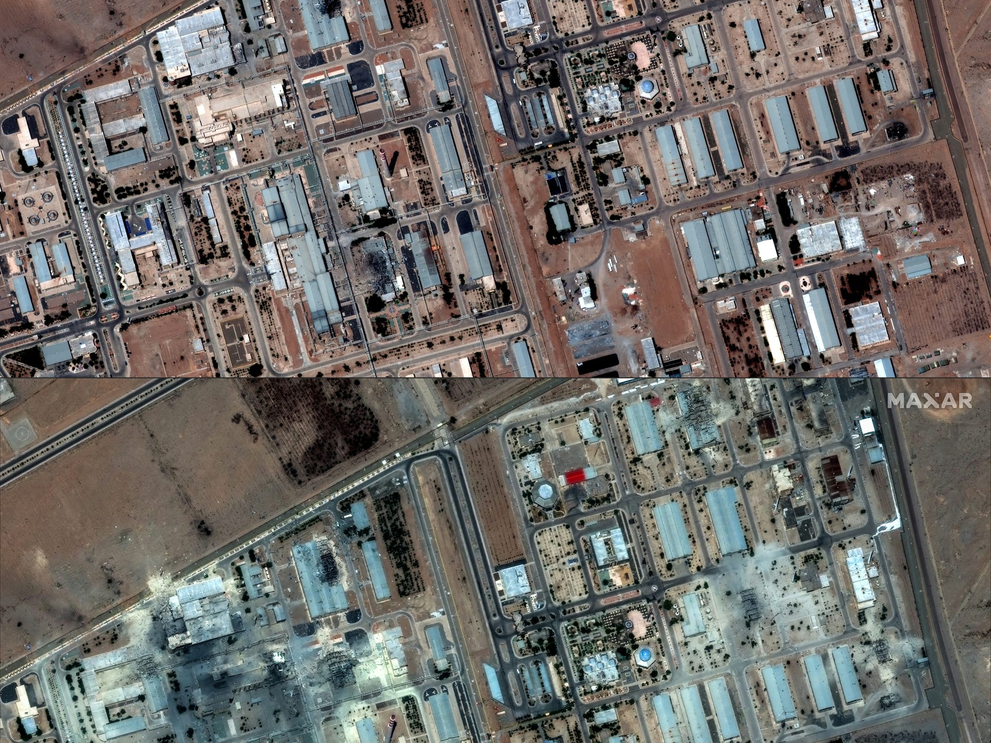 This combination of pictures shows Iran's Isfahan nuclear enrichment facility on June 16, 2025 (top), and Iran's Isfahan nuclear enrichment facility in central Iran after US strikes on June 22, 2025.