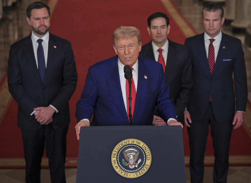 President Donald Trump speaks from the East Room of the White House in Washington.