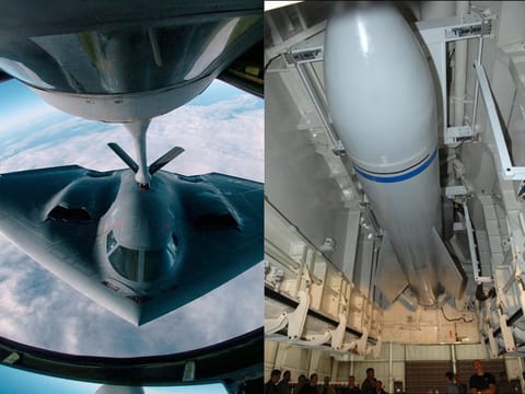 A B-2 Spirit multi-role bomber (left) conducts air refueling operations with a KC-135 Stratotanker over the Pacific Ocean. At right, a US Air Force handout photo shows weapon specialists looking on as a mock-up Massive Ordnance Penetrator sitting in a bomb bay of the B-2 weapons load trainer on December 18, 2007 at Whiteman Air Force Base, Missouri. 