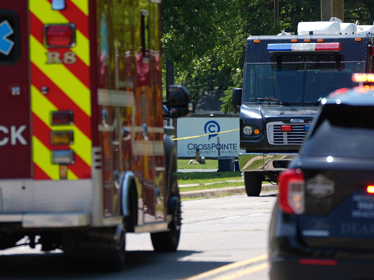 Emergency vehicles gather near CrossPointe Community Church in Wayne, Michigan