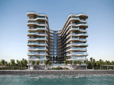 The U-shaped design offers ocean views from all units, with floor-to-ceiling windows and some featuring private terrace pools.