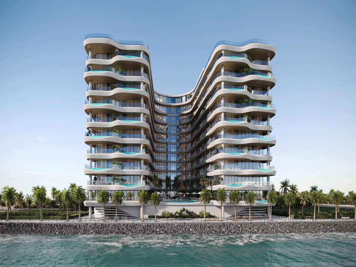 The U-shaped design offers ocean views from all units, with floor-to-ceiling windows and some featuring private terrace pools.