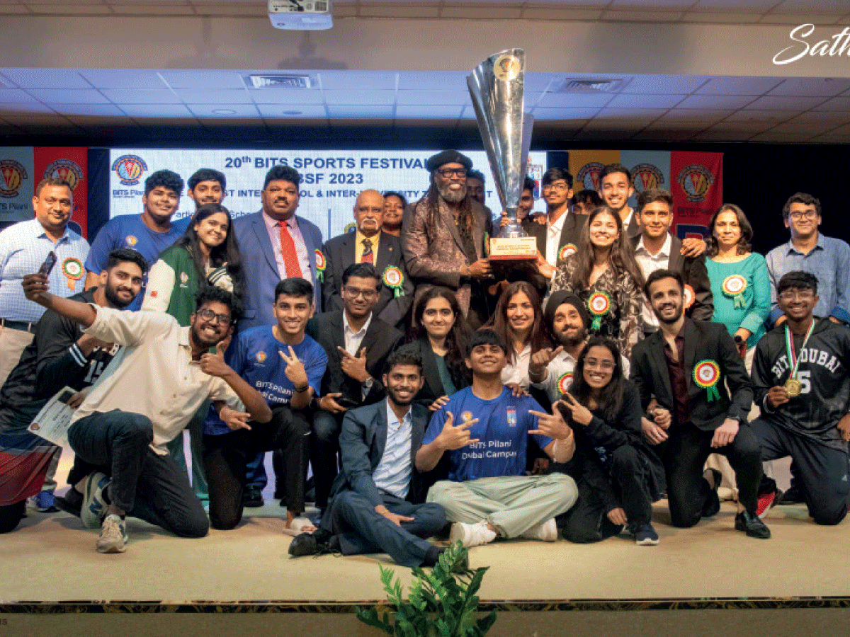 West Indian cricketing legend Chris Gayle poses with students during the 20th edition of the BPDC Sports Festival.