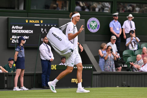 Germany's Alexander Zverev departs the court after his men's singles first round tennis match against France's Arthur Rinderknech on the second day of the 2025 Wimbledon Championships at The All England Lawn Tennis and Croquet Club in Wimbledon, southwest London, on July 1, 2025.