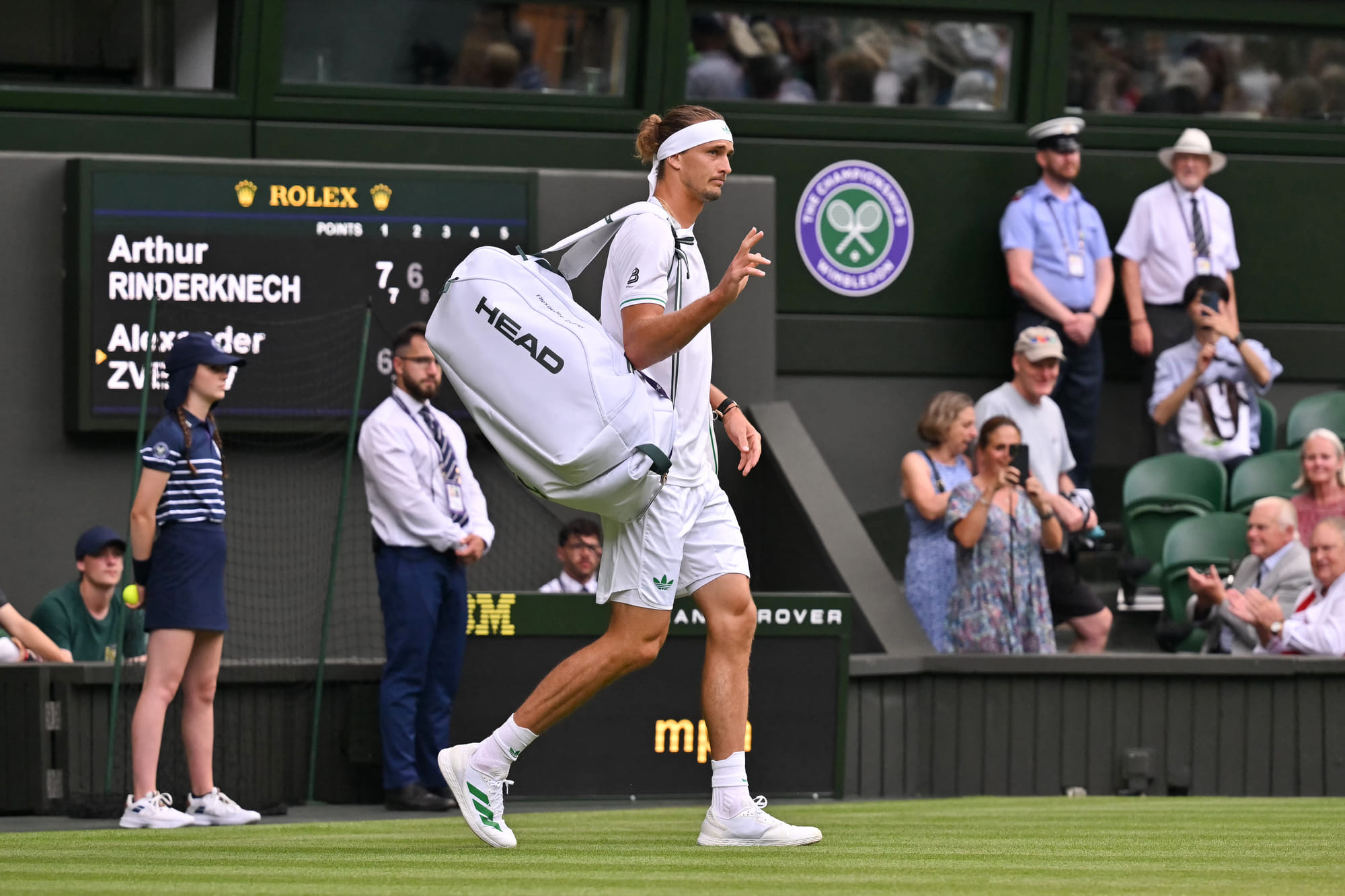 Germany's Alexander Zverev departs the court after his men's singles first round tennis match against France's Arthur Rinderknech on the second day of the 2025 Wimbledon Championships at The All England Lawn Tennis and Croquet Club in Wimbledon, southwest London, on July 1, 2025.