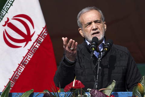 President Masoud Pezeshkian speaks during a rally on February 10, 2025, in Tehran.
