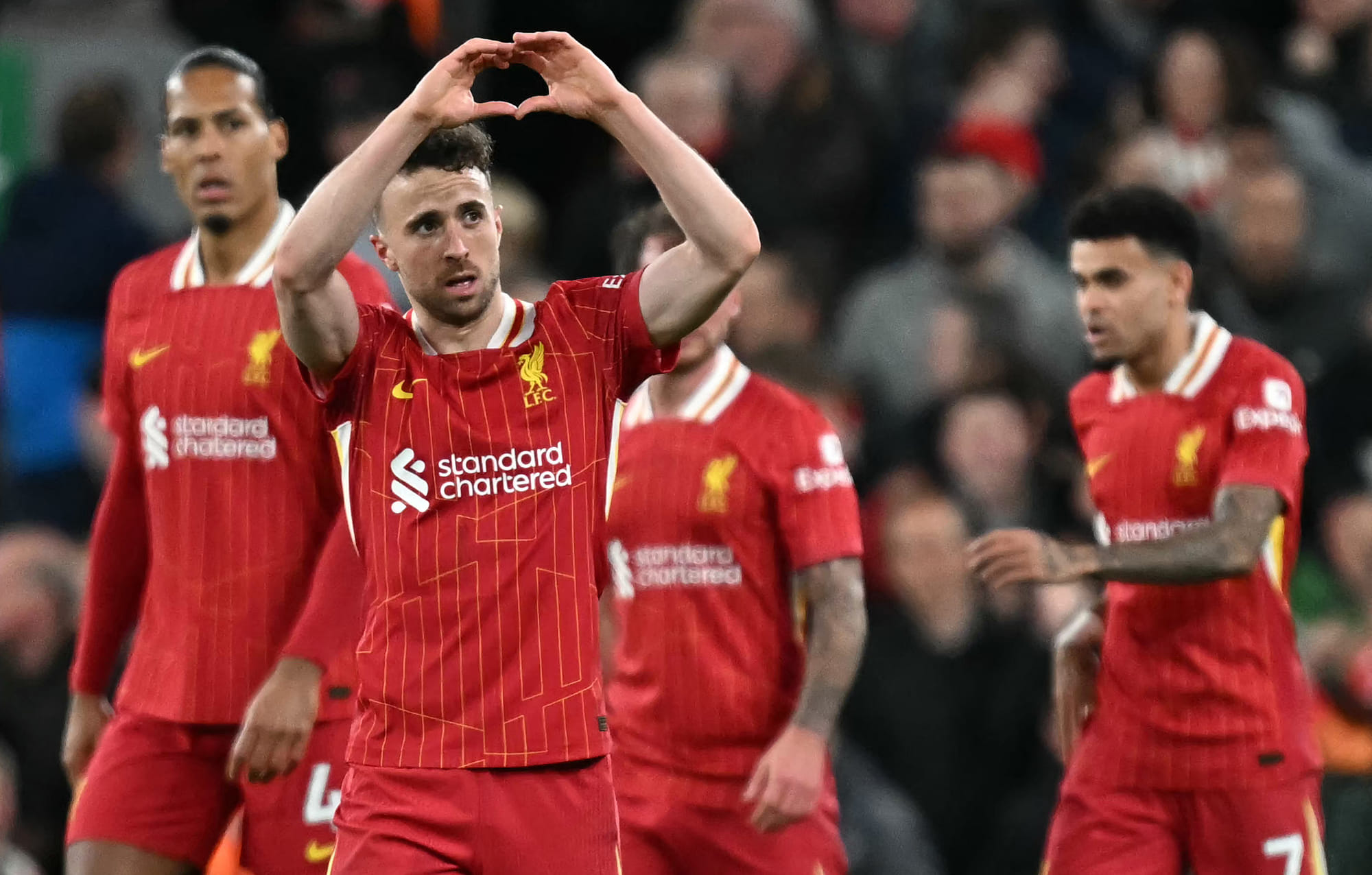 Liverpool's Diogo Jota (second from left) celebrates after scoring a goal in English Premier League. The Portuguese striker was at the wheel when the fatal accident took place, Spanish police reveal.