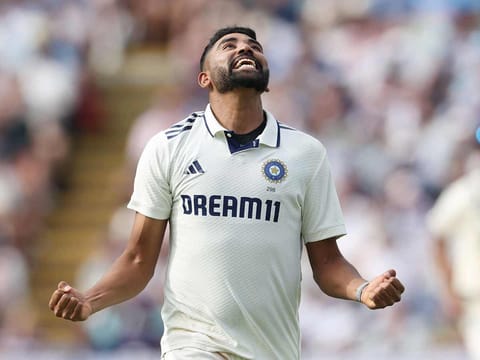 India's Mohammed Siraj celebrates after taking the wicket of England's Josh Tongue on day three of the second Test match at Edgbaston cricket ground in Birmingham, central England on July 4, 2025. 