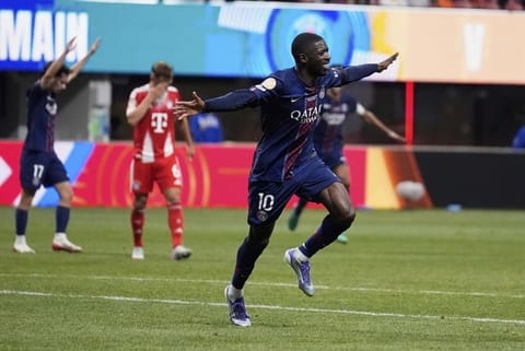 Paris Saint-Germain's Ousmane Dembele celebrates after scoring his team's second goal during the Club World Cup quarterfinal against Bayern Munich in Atlanta in the US on July 5, 2025. 