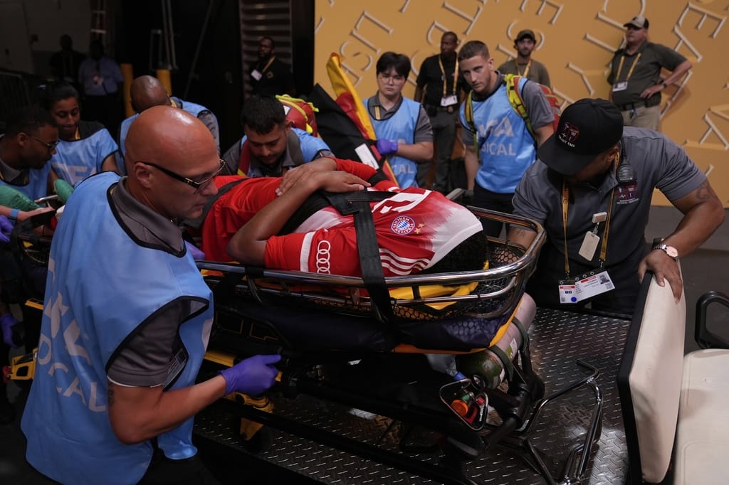 Bayern Munich's Jamal Musiala is taken off the field after an injury during the Club World Cup quarterfinal against PSG in Atlanta in the US on July 5, 2025. 