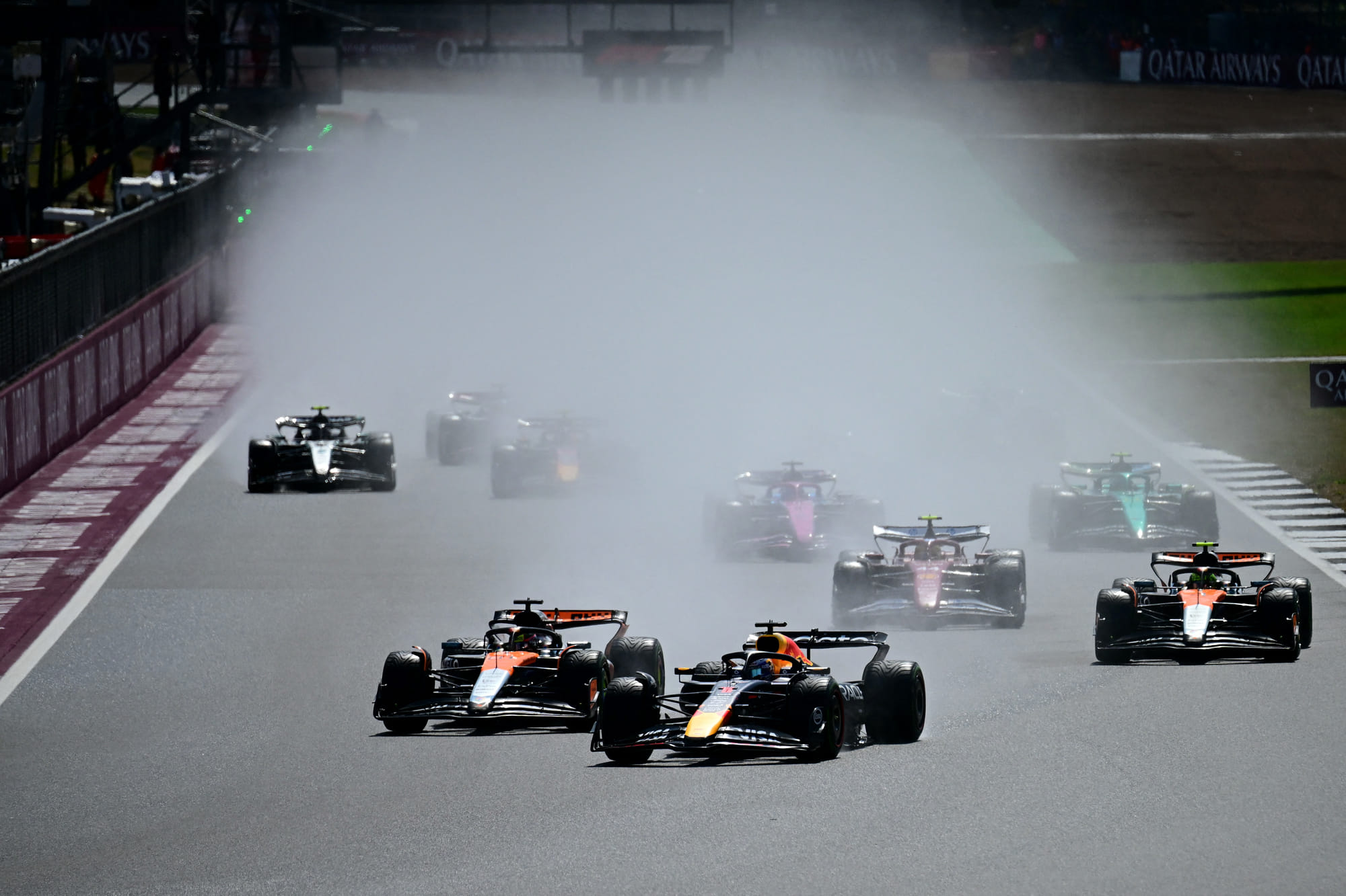 Red Bull Racing's Dutch driver Max Verstappen leads during the Formula One British Grand Prix at the Silverstone motor racing circuit in Silverstone, central England, on July 6, 2025.