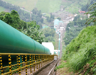 One of the giant pumped hydropower "penstocks" that feed turbines downstream from Caliraya Lake and empties into the Laguna Lake, near Manila. This plant, energised in 1983, produces 797MW, enough to power 2.8m Filipino homes. Caliraya is located 60 km east-southeast of Manila. It serves as the reservoir for the Kalayaan and Caliraya Power Plants. 