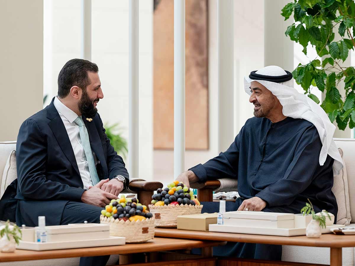 President His Highness Sheikh Mohamed bin Zayed Al Nahyan meets with Ahmed Al Sharaa, President of Syria , at Al Shati Palace in Abu Dhabi.
