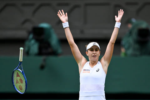Switzerland's Belinda Bencic celebrates after victory over Russia's Mirra Andreeva during their women's singles quarter-final tennis match on the tenth day of the 2025 Wimbledon Championships at The All England Lawn Tennis and Croquet Club in Wimbledon, southwest London, on July 9, 2025.