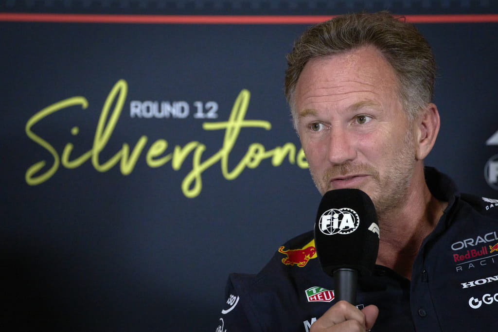 Red Bull team principal Christian Horner attends a news conference at the Silverstone racetrack, ahead of the British Formula One Grand Prix, in Silverstone, England, Friday, July 4, 2025.