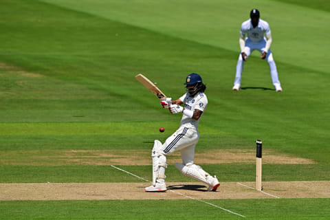 India's KL Rahul plays a shot from England's Brydon Carse on the third day of the third cricket test at Lord's cricket ground in London, on July 12, 2025.