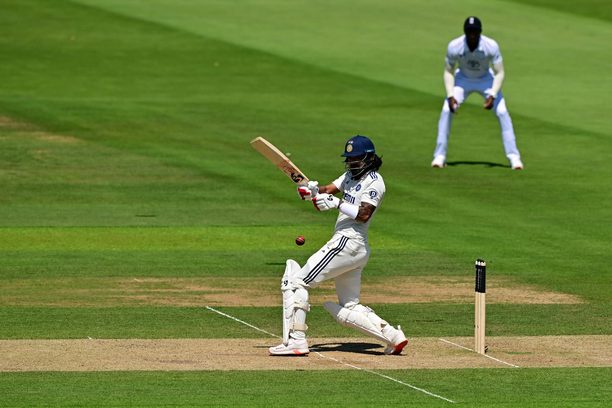 India's KL Rahul plays a shot from England's Brydon Carse on the third day of the third cricket test at Lord's cricket ground in London, on July 12, 2025.