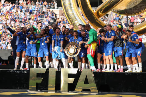 Reece James of Chelsea FC celebrates with the Fifa Club World Cup trophy after their team's victory following the FIFA Club World Cup 2025 Final match between Chelsea FC and Paris Saint-Germain at MetLife Stadium on July 13, 2025 in East Rutherford, New Jersey.