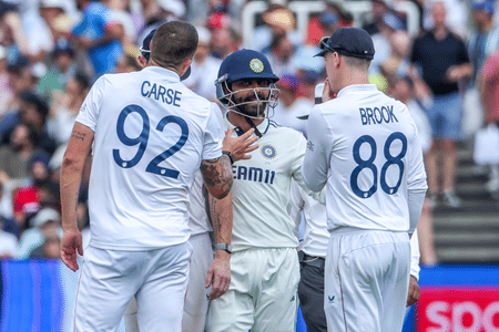 Ravindra Jadeja and Brydon Carse involved in an animated discussion after a collision during the final day.