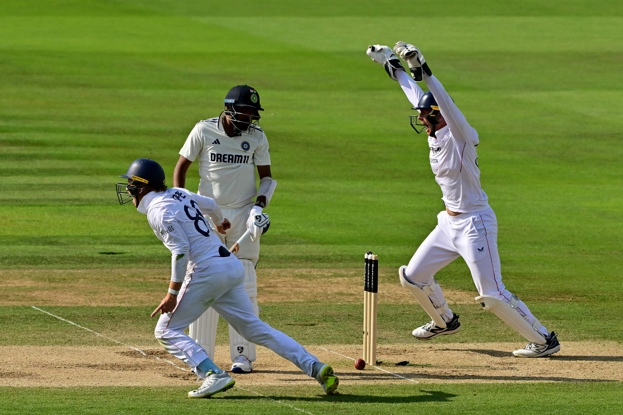 Mohammed Siraj is shocked to see the bails dislodged that brought an end to the third Test between England and India at Lord's on Monday.