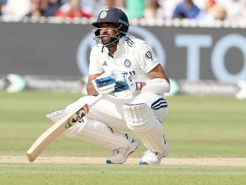 India's Mohammed Siraj reacts after loosing his wicket during the fifth day of the third Test against England at Lord's cricket ground in London, on Monday, July 14, 2025. 