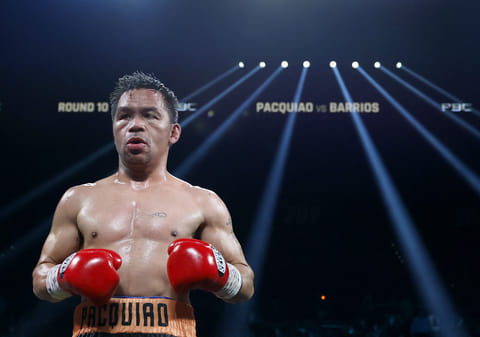 Manny Pacquiao during his WBC welterweight title fight with Mario Barrios ending in a majority draw at MGM Grand Garden Arena in Las Vegas on Saturday.