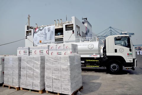 Khalifa is the largest aid vessel dispatched by the UAE to date, carrying 7,166 tonnes of essential food, medical and relief supplies.