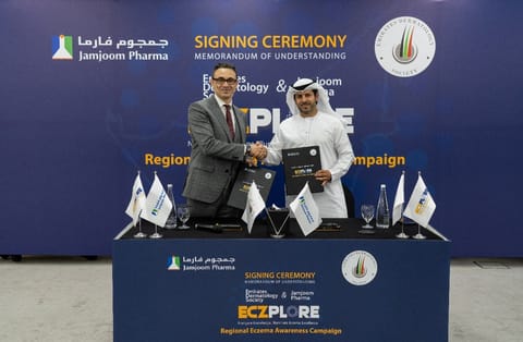 Dr Ayman Al Naeem, President of the Emirates Dermatology Society, and Dr Samer Lezzaiq, General Manager, Gulf, Levant & Export Markets at Jamjoom Pharma during the signing ceremony to launch national campaign to combat childhood eczema.

.
