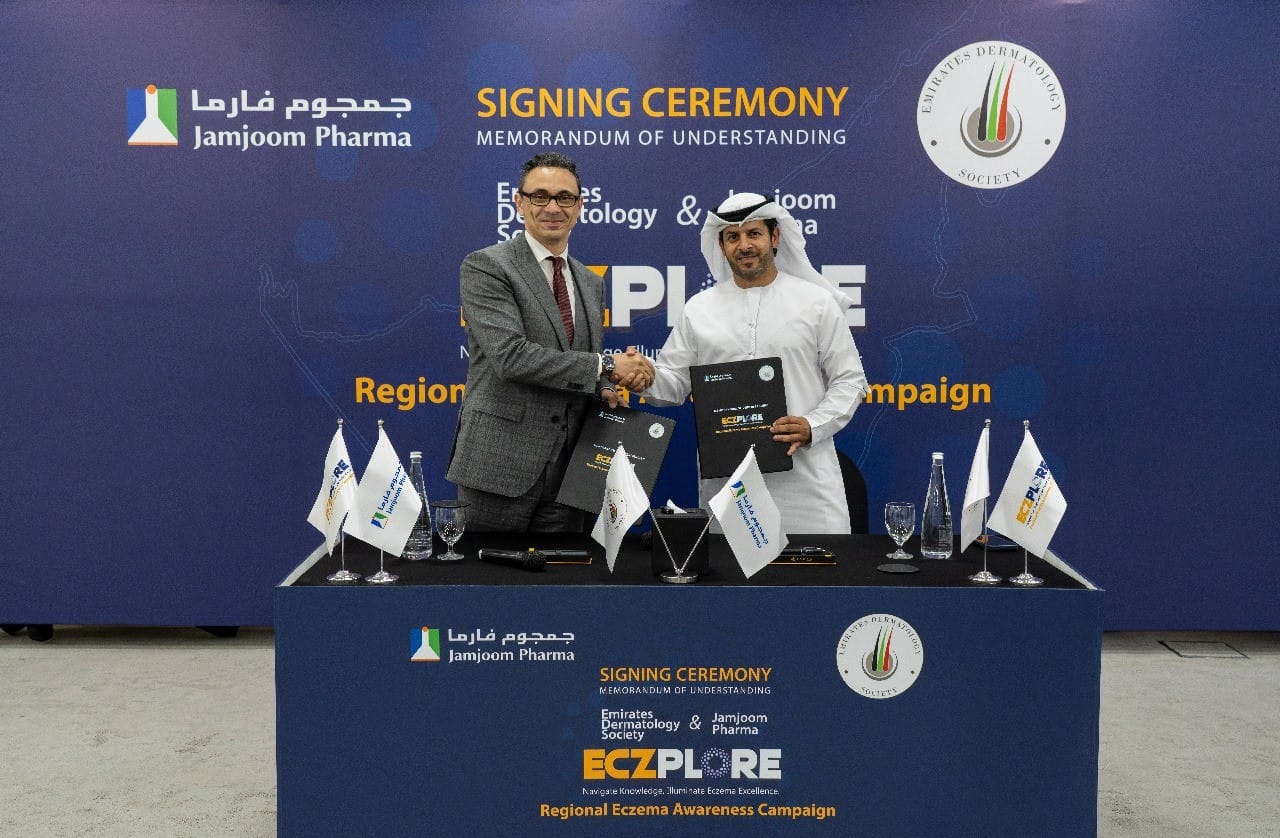 Dr Ayman Al Naeem, President of the Emirates Dermatology Society, and Dr Samer Lezzaiq, General Manager, Gulf, Levant & Export Markets at Jamjoom Pharma during the signing ceremony to launch national campaign to combat childhood eczema.

.

