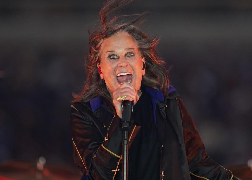 Singer Ozzy Osbourne performs during halftime of an NFL football game between the Los Angeles Rams and the Buffalo Bills in Inglewood, Calif., Sept. 8, 2022.