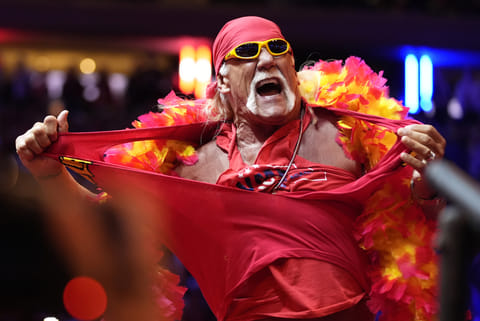 Hulk Hogan rips his shirt before Republican presidential nominee former President Donald Trump speaks at a campaign rally at Madison Square Garden, Oct. 27, 2024, in New York. 