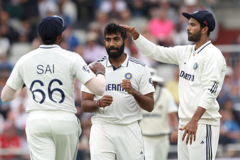 India's Jasprit Bumrah (centre) celebrates with Sai Sudharsan (left) and Washington Sundar after dismissing England's Liam Dawson at Old Trafford in Manchester.