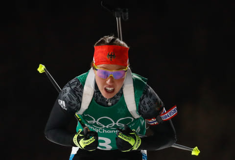 Germany's Laura Dahlmeier competes in the mixed relay biathlon event during the Pyeongchang 2018 Winter Olympic Games on February 20, 2018, in Pyeongchang.