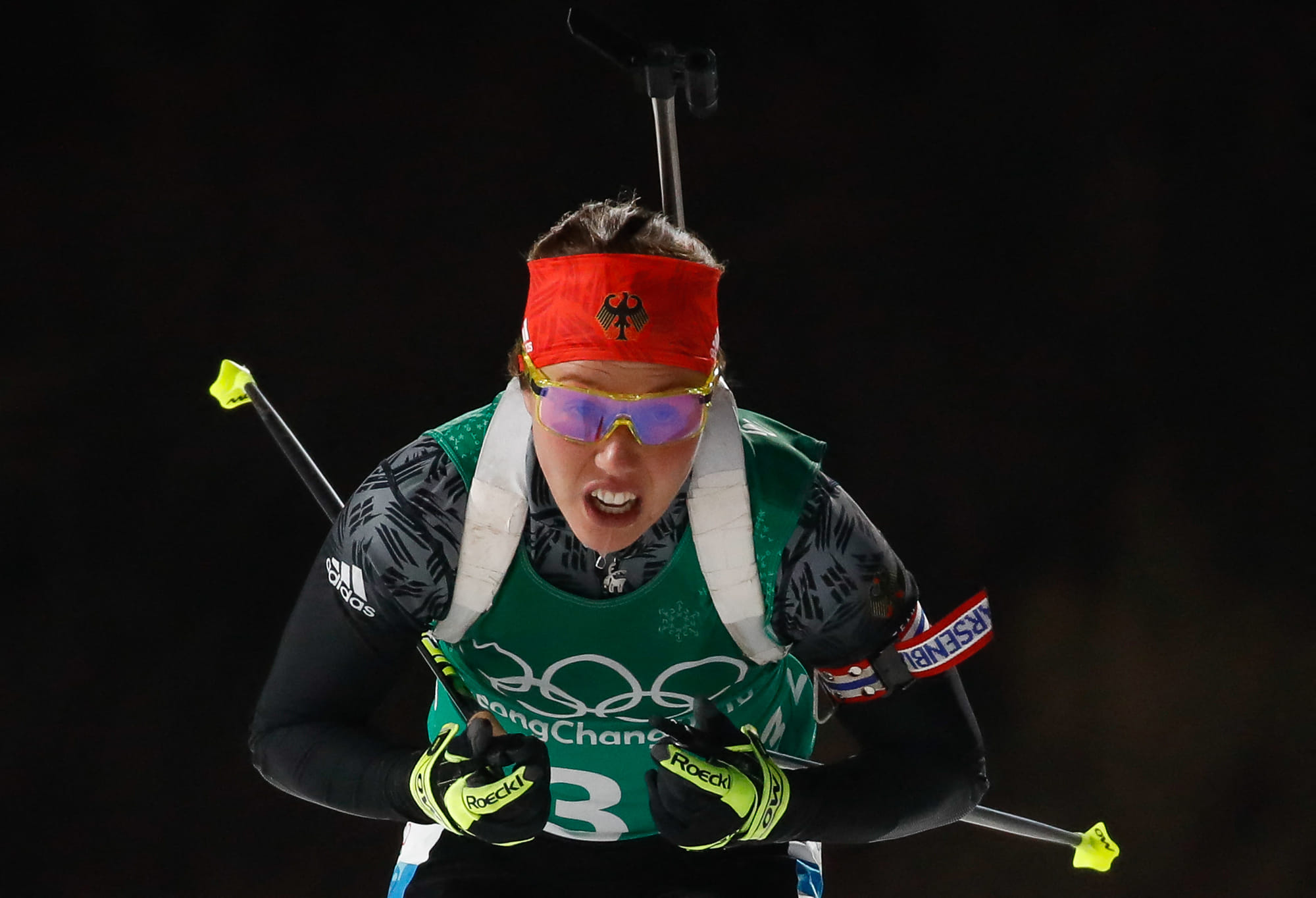 Germany's Laura Dahlmeier competes in the mixed relay biathlon event during the Pyeongchang 2018 Winter Olympic Games on February 20, 2018, in Pyeongchang.