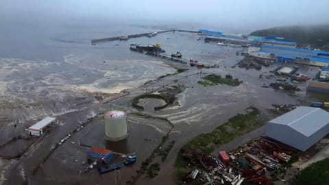 This video grab from a drone handout footage released by Geophysical Service of the Russian Academy of Sciences on July 30, 2025, shows tsunami-hit Severo-Kurilsk on Paramushir island of Russia's northern Kuril islands.