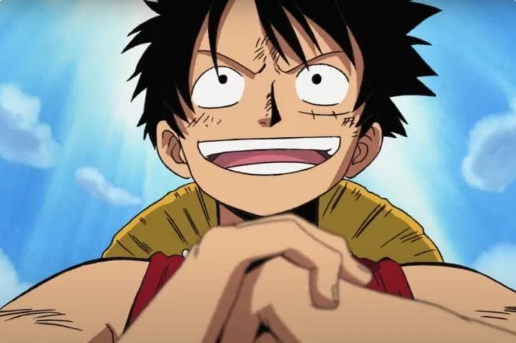 At the front are Luffy, Zoro, Sanji, and Nami, with Roger, Rayleigh, and Gaban positioned behind them. The rest of the Straw Hats make smaller appearances, cleverly nestled in Luffy’s pockets or perched on him.
