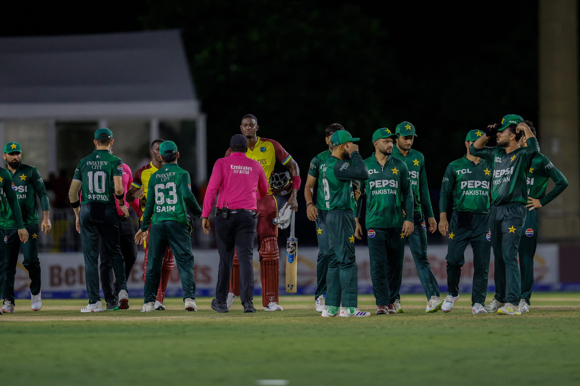 Pakistani players celebrate their win against West Indies in the first Twenty20 in Lauderhill, Florida, on Thursday.