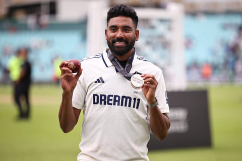 India's Mohammed Siraj poses with the match ball and his medal after India won the final Test against England at The Oval in London on Monday.
