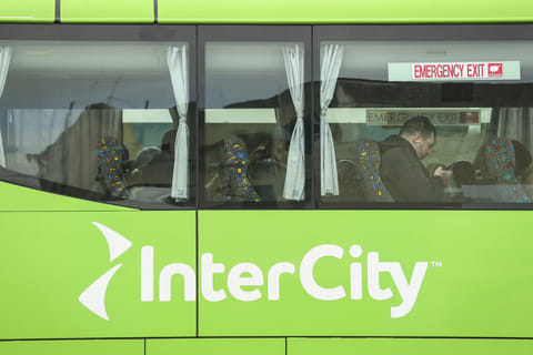 An Intercity bus prepares to depart from Timaru, New Zealand on Oct. 14, 2022. 