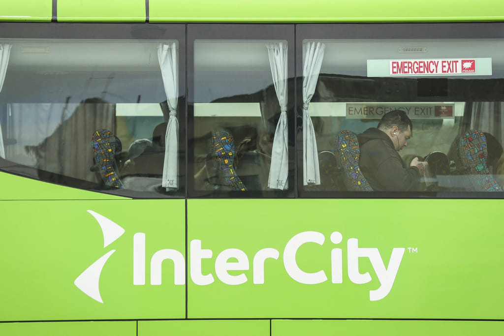An Intercity bus prepares to depart from Timaru, New Zealand on Oct. 14, 2022. 