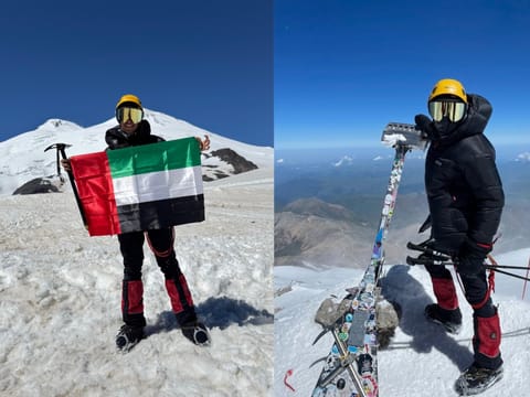 (Left) Rayyan Ashfaque Patel proudly displays the UAE flag at the base camp and (right) after reaching the peak of the Mount Elbrus.